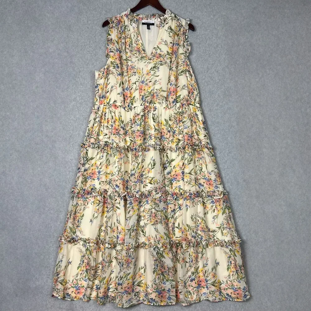 Eloquii Elements Floral Sleeveless Ruffle Trim Tiered Maxi Dress Size 20 - Picture 2 of 8